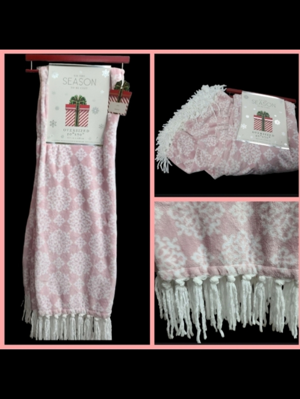 Soft & Cozy Oversized Pink White Fleece Snowflake Tassel Throw Blanket Decor New